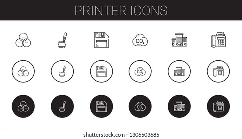 printer icons set. Collection of printer with rgb, ink, diskette, co, office, fax. Editable and scalable printer icons.