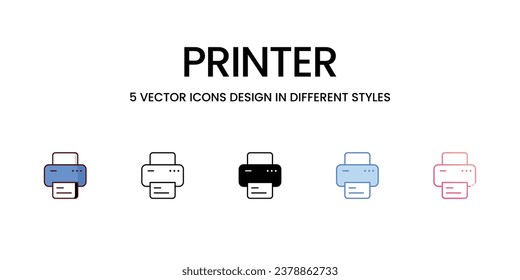 Conjunto de iconos de impresora, línea de color, contorno, glifo, línea de degradado, tono de dúo, ilustración de material vectorial de fondo blanco aislado de iconos