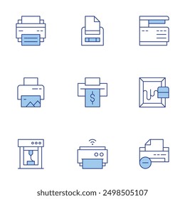 Printer icons set. Line Duotone style, editable stroke. subtract, scanner, serigraphy, printer.
