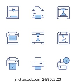 Printer icons set. Line Duotone style, editable stroke. print sticker, print ad, print preview, print maintenance, largeformat.