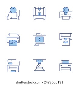 Printer icons set. Line Duotone style, editable stroke. print security, ink cartridge, print head, printingmachine, plotter.