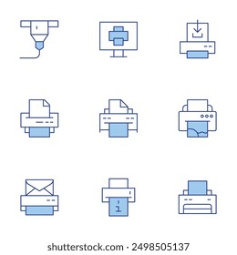 Printer icons set. Line Duotone style, editable stroke. print scan copy, print to pdf, largeformat, paperroll, print monitor.