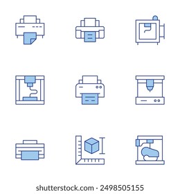 Printer icons set. Line Duotone style, editable stroke. print magazine, largeformat, print calendar, print size, print settings.