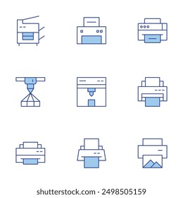 Conjunto de iconos de impresora. Estilo de línea Duotone, trazo editable. diseño de impresión, márgenes de impresión, papel reciclado, icono de impresión, copia de escaneo de impresión.