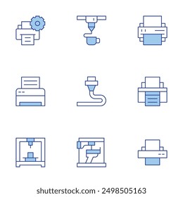 Conjunto de iconos de impresora. Estilo Duotone de la línea, trazo editable. imprima el volante, la invitación de la impresión, la impresora, el software de la impresión, imprime la página de la prueba.