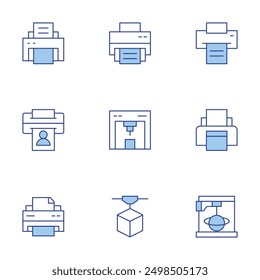 Printer icons set. Line Duotone style, editable stroke. plotter, print security, 3d printing, print catalog, print paper.