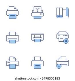 Printer icons set. Line Duotone style, editable stroke. add, cross, paperroll, printer.