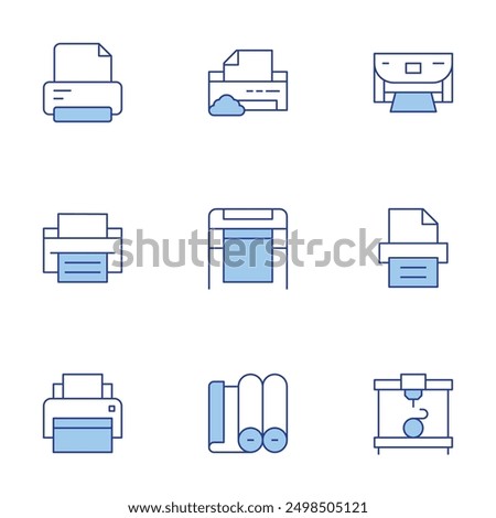 Printer icons set. Line Duotone style, editable stroke. print software, print sticker, cylinder, print document, duplex printing.