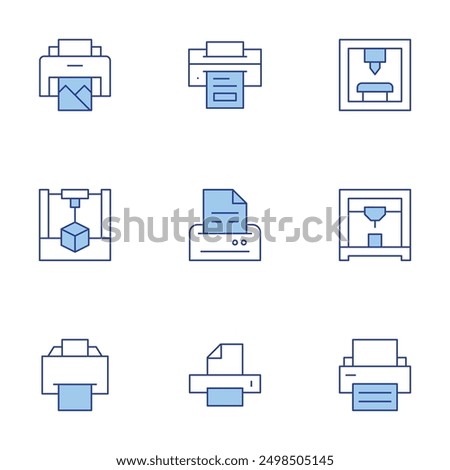 Printer icons set. Line Duotone style, editable stroke. print quality, mobile printing, print magazine, print job, duplex printing.
