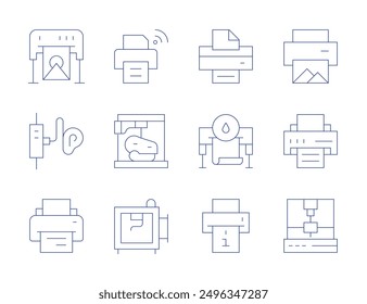 Iconos de la impresora. Estilo de línea delgada, trazo editable. software de impresión, Plantilla de impresión, resolución de impresión, Anuncio de impresión.