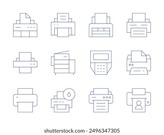 Printer icons. Thin Line style, editable stroke. subtract, power, pause, add, plotter, scanner, paperroll