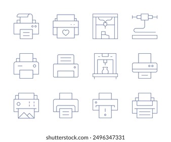 Printer icons. Thin Line style, editable stroke. offset, largeformat, serigraphy, printcylinder, cylinder, pen, printer.