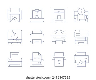 Printer icons. Thin Line style, editable stroke. network printer, print to pdf, eco-friendly printing, print head.