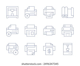 Printer icons. Thin Line style, editable stroke. add, printing, cross, remove, paperroll, printingmachine, printer.