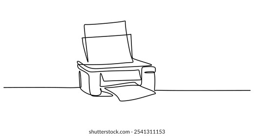 Printer illustrated ejecting sheets of paper in a continuous one line drawing. Work and office concept. Hand-drawn minimalist design.