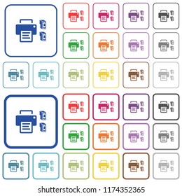 Printer and ink cartridges color flat icons in rounded square frames. Thin and thick versions included.