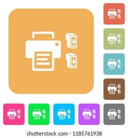 Printer and ink cartridges flat icons on rounded square vivid color backgrounds.