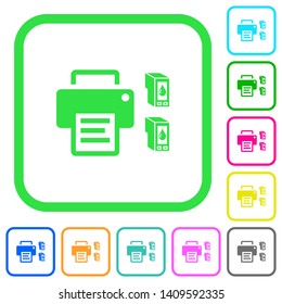 Printer and ink cartridges vivid colored flat icons in curved borders on white background