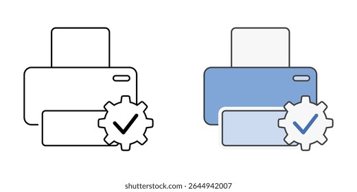 Ícone de instalação da impressora com impressora, engrenagem e marca de seleção, em estilos de contorno e cor, ideal para ilustrar a configuração de hardware de TI, a configuração da impressora e a prontidão do dispositivo
