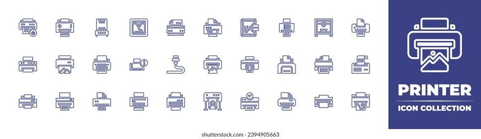 Printer line icon collection. Editable stroke. Vector illustration. Containing printer, printing, 3d printer, power, serigraphy, fake money.