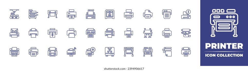 Colección de iconos de la línea de impresora. Trazo editable. Ilustración vectorial. Con impresora, impresora multifunción, máquina de impresión, prensa térmica, impresión, trazador, rollo de papel.