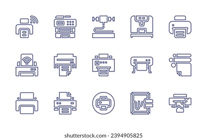 Printer line icon set. Editable stroke. Vector illustration. Containing multifunction printer, printer, 3d printer, print, plotter, paper roll, serigraphy, photo print.