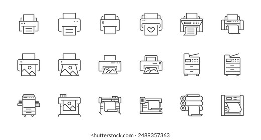 Conjunto de iconos de línea de impresora. Grande formato de impresión, plotter, escáner, máquina de corte Ilustraciones vectoriales mínimas. Señales de contorno simples para imprenta. Trazo editable