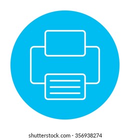 Printer line icon for web, mobile and infographics. Vector white icon on the light blue circle isolated on white background.