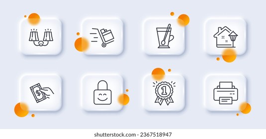 Printer, Lock and Sconce light line icons pack. 3d glass buttons with blurred circles. Pay money, Reward, Tea mug web icon. Push cart, Street light pictogram. For web app, printing. Vector