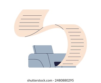 Printer and long printout. Printing paper sheet, document in process. Office machine, work equipment, technology. Business information output. Flat vector illustration isolated on white background