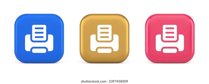 Printer machine device for paper document print button ink printout technology 3d realistic blue gold and pink icons. Press text office desktop electronic file user interface web app