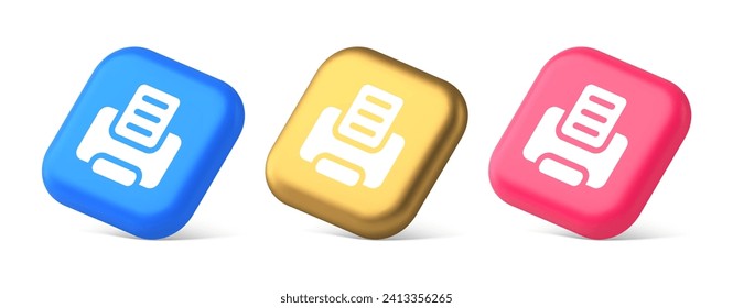 Printer machine device for paper document print button ink printout technology 3d realistic blue gold and pink icons. Press text office desktop electronic file user interface web app