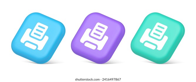 Printer machine device for paper document print button ink printout technology 3d realistic blue purple and green icons. Press text office desktop electronic file user interface web app