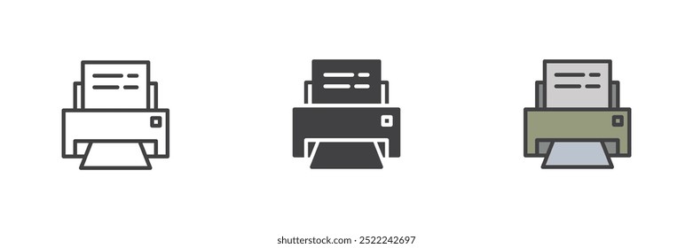 Conjunto de ícones de estilo diferente da máquina de impressão. Linha, glifo e preenchido esboço versão colorida, contorno e sinal de vetor preenchido. Imprimir símbolo, ilustração do logotipo. Gráficos vetoriais