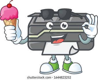 Printer mascot cartoon style eating an ice cream
