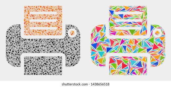 Printer mosaic icon of triangle elements which have different sizes and shapes and colors. Geometric abstract vector design concept of printer.