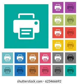 Printer multi colored flat icons on plain square backgrounds. Included white and darker icon variations for hover or active effects.