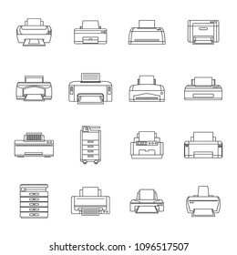 Printer office copy document icons set. Outline illustration of 16 printer office copy document vector icons for web