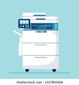 Printer, Office Machine. Scanner, Copy, Fax Equipment. Multifunction Device. Paperwork Concept. Vector Cartoon Design