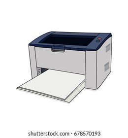 Printer for office. White printing paper. For copying documents. Blue and gray, plastic case. For work and training. Subject casts a shadow. Bright illustration on a white background.