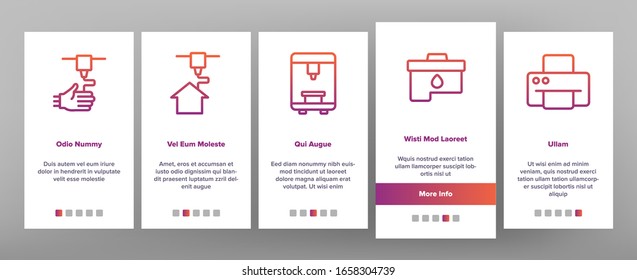 Printer Onboarding Icons Set Vector. Electronic 3d Printer And Device For Printing Build House, Ink Drop And Cartridge Illustrations