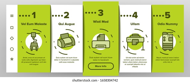 Printer Onboarding Icons Set Vector. Electronic 3d Printer And Device For Printing Build House, Ink Drop And Cartridge Illustrations