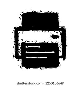 printer and paper. Black ink with splashes on white background