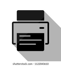 printer and paper. Black object with long shadow on white background