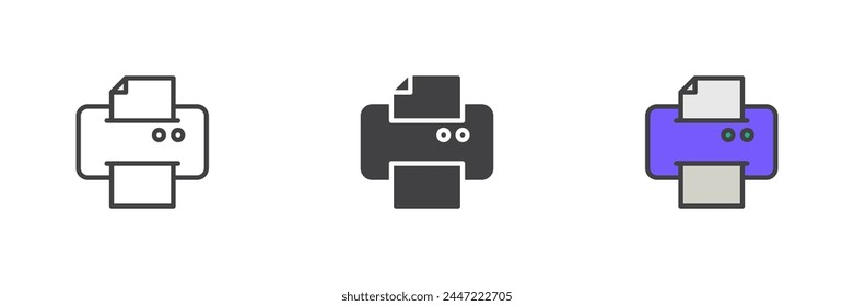Printer with paper different style icon set. Line, glyph and filled outline colorful version, outline and filled vector sign. Symbol, logo illustration. Vector graphics