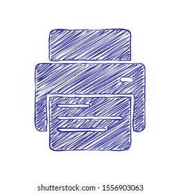 printer and paper. Hand drawn sketched picture with scribble fill. Blue ink. Doodle on white background