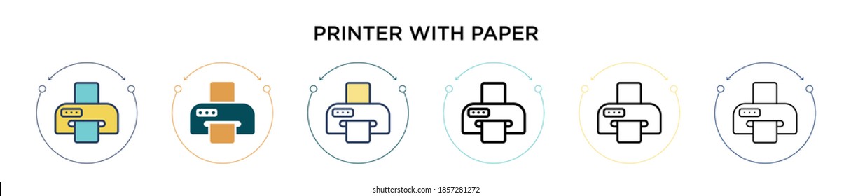 Printer with paper icon in filled, thin line, outline and stroke style. Vector illustration of two colored and black printer with paper vector icons designs can be used for mobile, ui, web