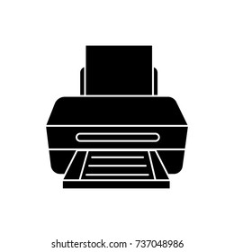 printer with paper icon, vector illustration, black sign on isolated background