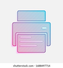printer and paper. Technology logo with diagonal lines and colored gradient. Neon graphic, light effect. Blue and red colors