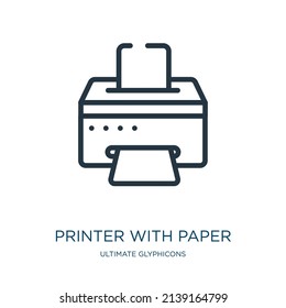 printer with paper thin line icon. office, business linear icons from ultimate glyphicons concept isolated outline sign. Vector illustration symbol element for web design and apps.